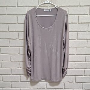 Susan Graver Shimmering Silver Long Ruched Sleeve Blouse. Size XL